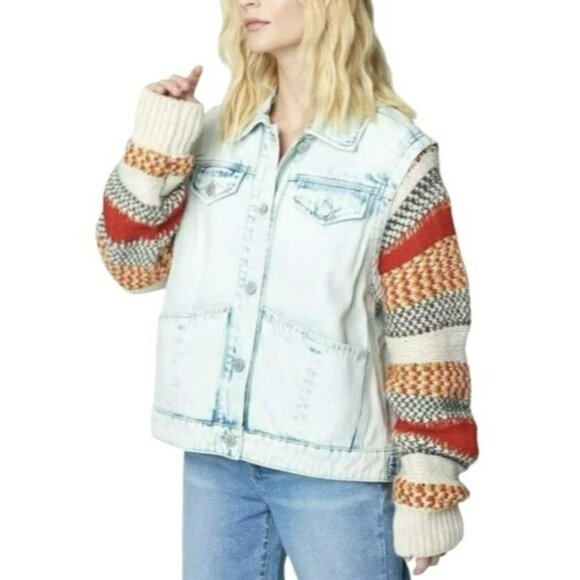 BLANK NYC $198 Large Happy Promises Striped Knit Denim Trucker Jacket NWT - Picture 1 of 10